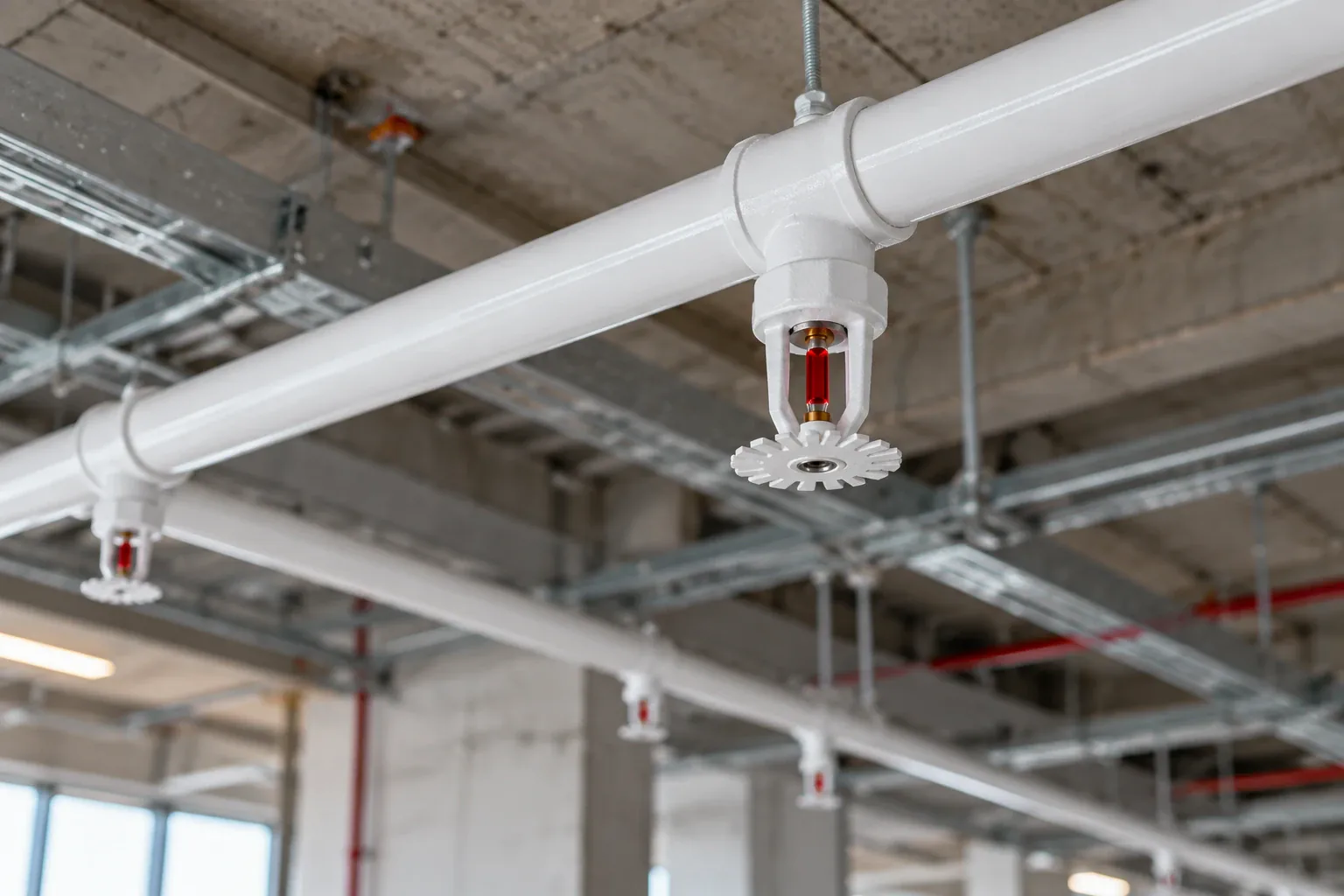 White sprinkler on exposed piping in a commercial space